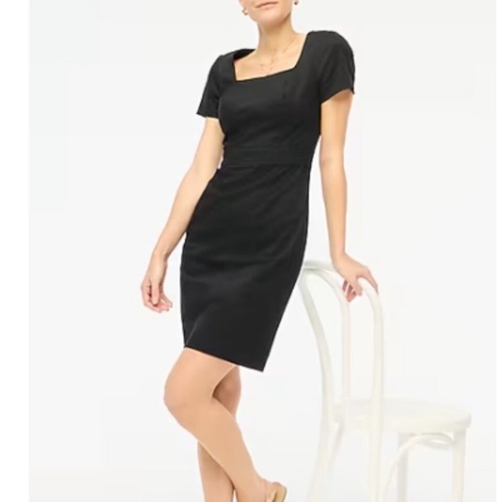 J CREW Square Neck‎ Sheath Dress Women Size 0 Black Linen Blend Short Sleeve